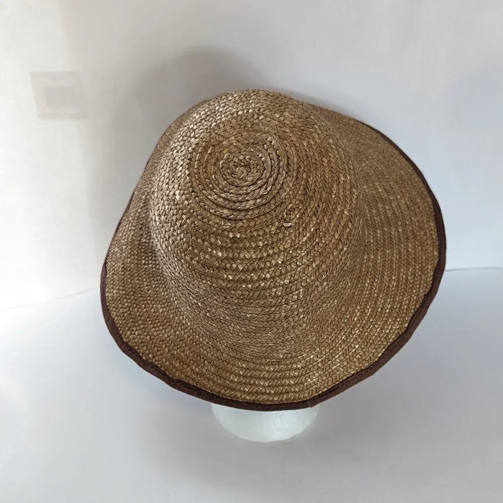 Vintage Liz Claiborne Straw Hat, High Low Brown Fabric Trim‎ Sun Beach - Picture 9 of 9